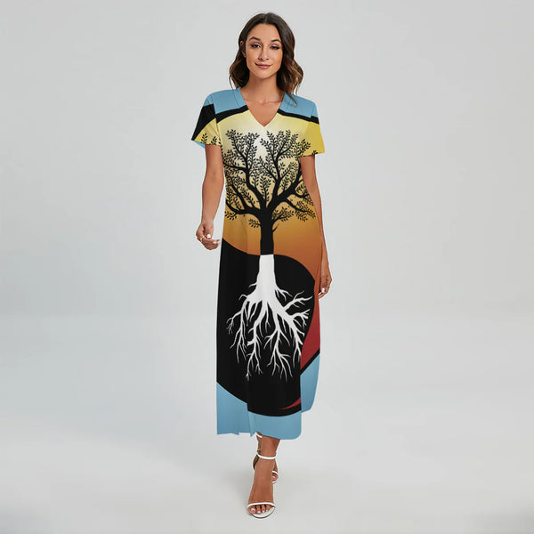 Yin Yang Tree Of Life Print Short Sleeve Maxi Dress