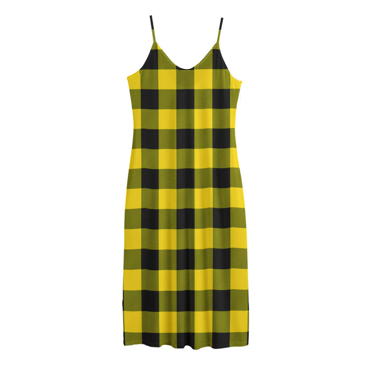 Yellow And Black Buffalo Check Print Jersey Midi Cami Dress
