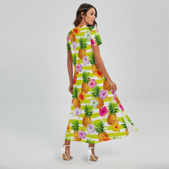 Yellow Striped Pineapple Pattern Print Short Sleeve Maxi Dress