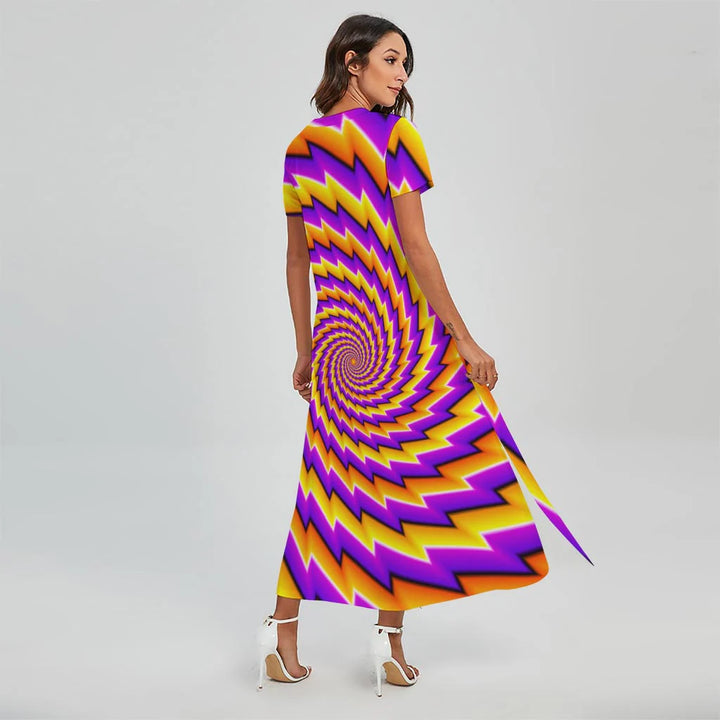 Yellow Twisted Moving Optical Illusion Short Sleeve Maxi Dress