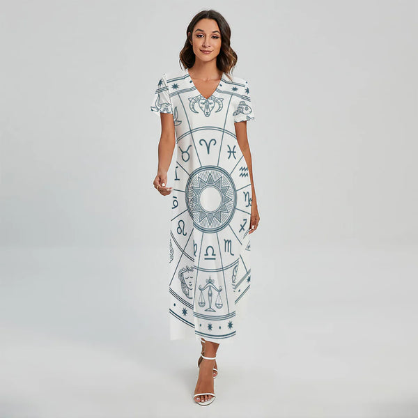 Zodiac Astrology Signs Print Short Sleeve Maxi Dress