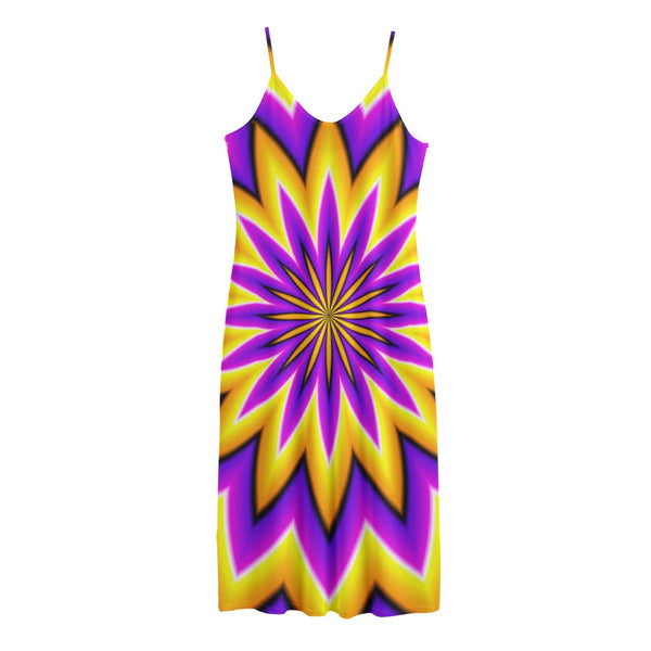 Yellow Flower Moving Optical Illusion Jersey Midi Cami Dress