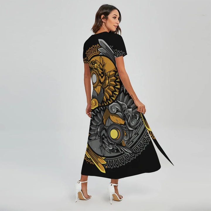 Yin Yang Owl Print Short Sleeve Maxi Dress