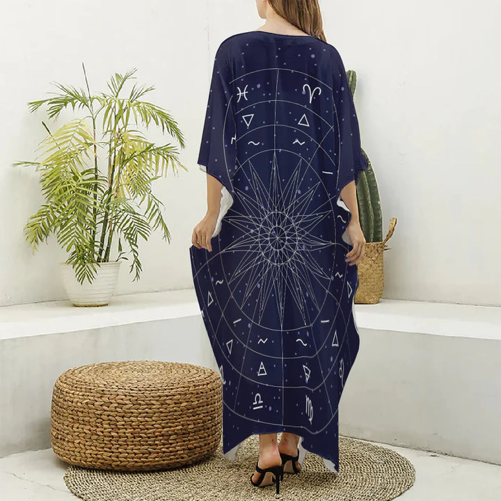 Zodiac Symbols Circle Print Silk V-Neck Kaftan Dress