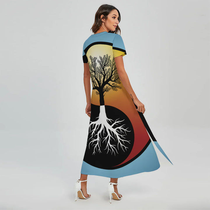Yin Yang Tree Of Life Print Short Sleeve Maxi Dress
