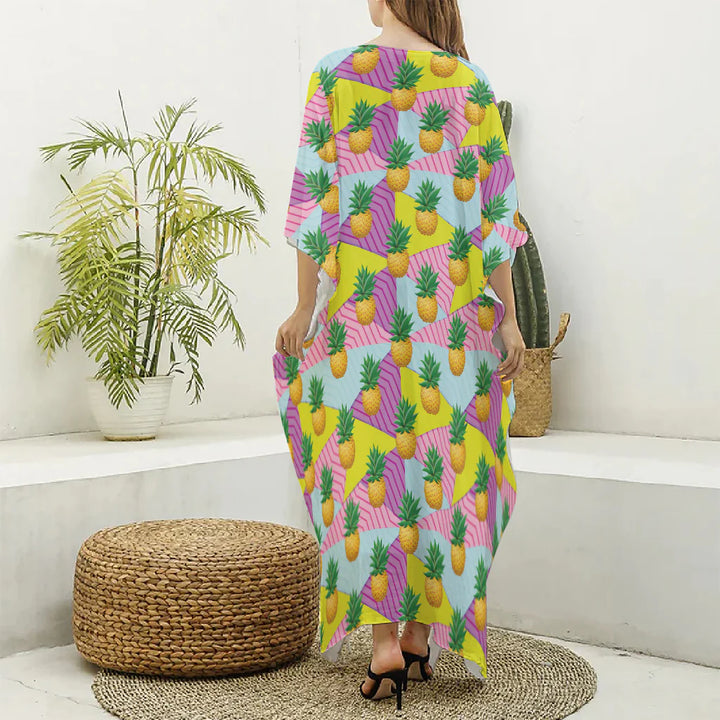 Zigzag Pineapple Pattern Print Silk V-Neck Kaftan Dress