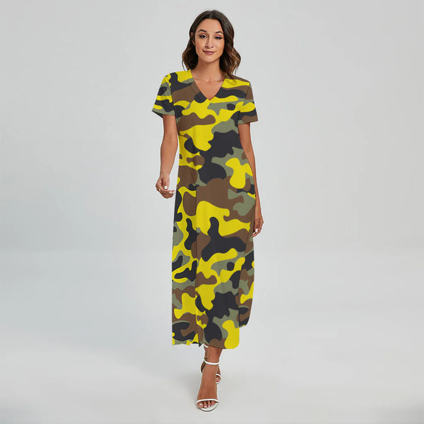 Yellow Brown And Black Camouflage Print Short Sleeve Maxi Dress