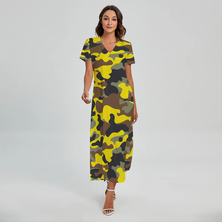 Yellow Brown And Black Camouflage Print Short Sleeve Maxi Dress