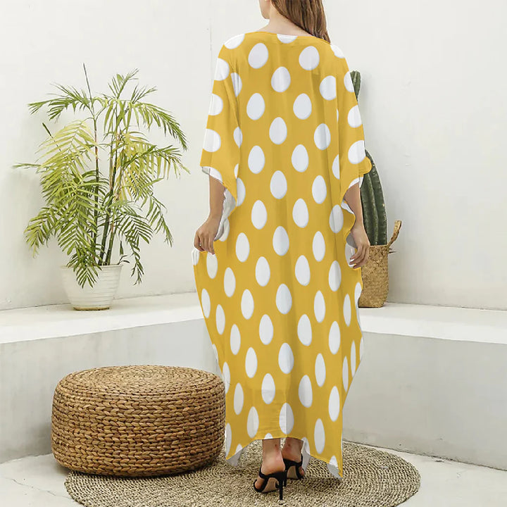 Yellow Eggs Pattern Print Silk V-Neck Kaftan Dress