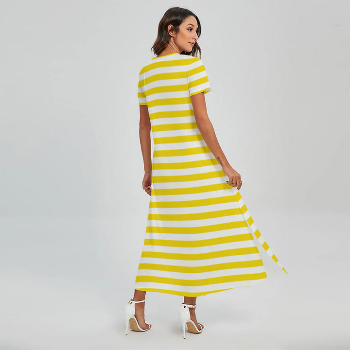 Yellow And White Striped Pattern Print Short Sleeve Maxi Dress