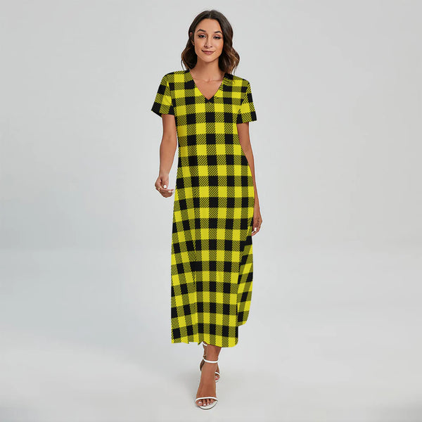 Yellow Buffalo Plaid Print Short Sleeve Maxi Dress