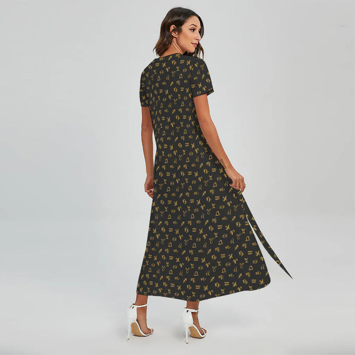 Zodiac Astrological Signs Pattern Print Short Sleeve Maxi Dress