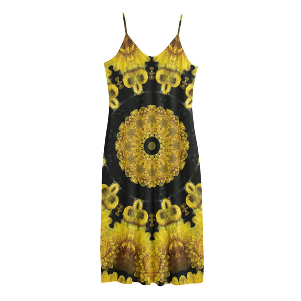 Yellow Flower Kaleidoscope Print Jersey Midi Cami Dress