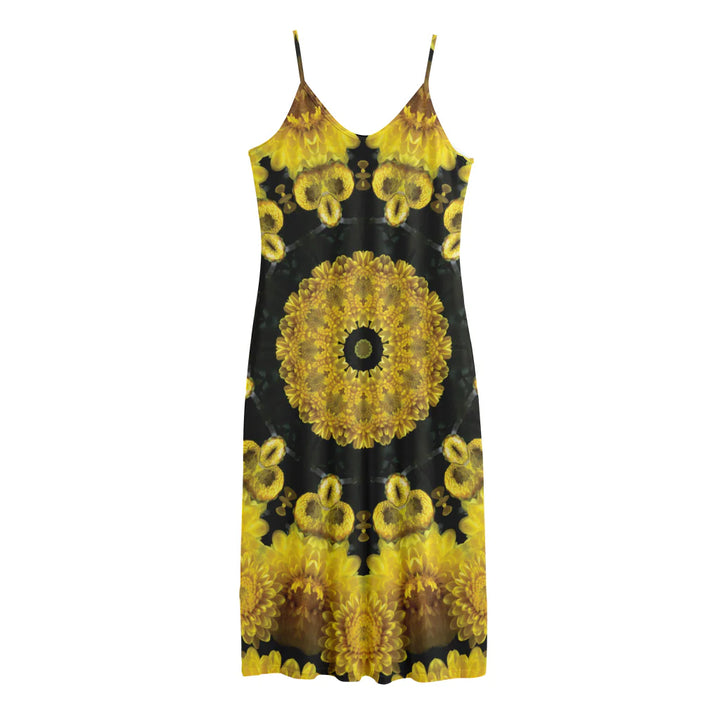 Yellow Flower Kaleidoscope Print Jersey Midi Cami Dress