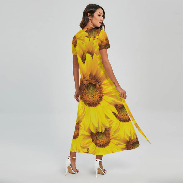 Yellow Sunflower Print Short Sleeve Maxi Dress