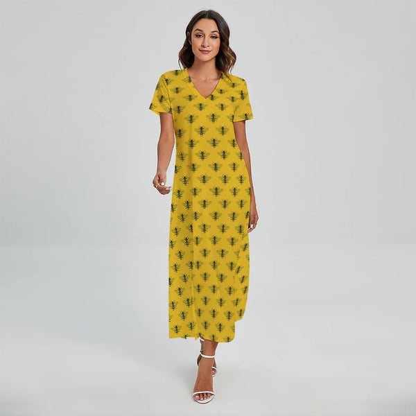 Yellow Bee Pattern Print Short Sleeve Maxi Dress