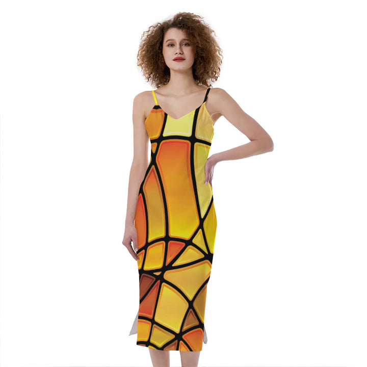 Yellow Stained Glass Mosaic Print Slim Fit Midi Cami Dress