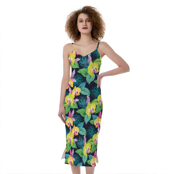 Yellow Orchid Pattern Print Slim Fit Midi Cami Dress