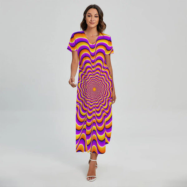 Yellow Splashing Moving Optical Illusion Short Sleeve Maxi Dress