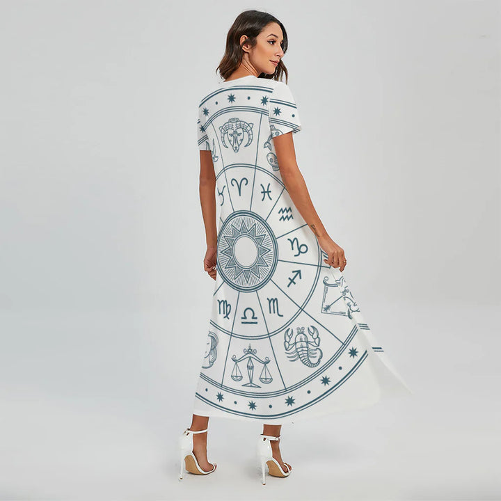 Zodiac Astrology Signs Print Short Sleeve Maxi Dress