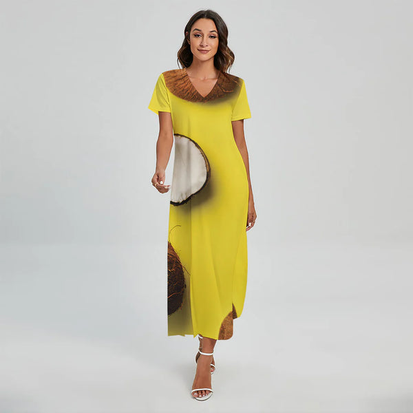 Yellow Coconut Pattern Print Short Sleeve Maxi Dress