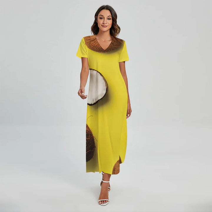 Yellow Coconut Pattern Print Short Sleeve Maxi Dress