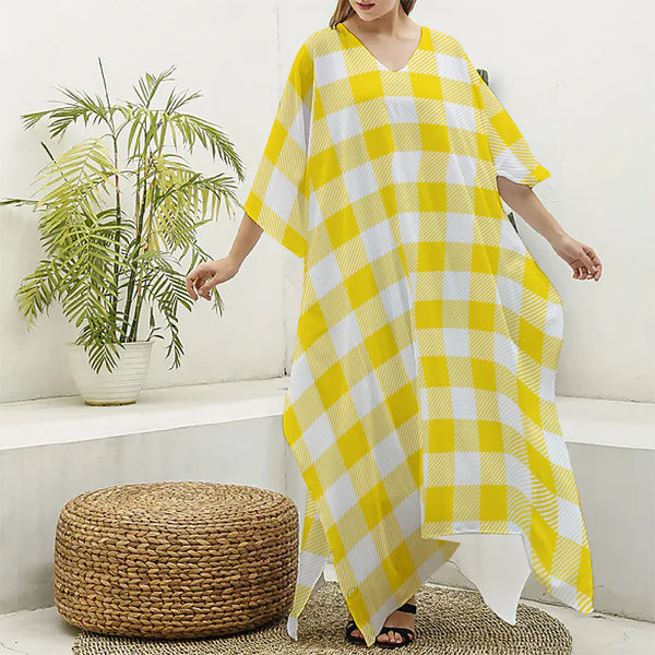 Yellow And White Buffalo Check Print Silk V-Neck Kaftan Dress