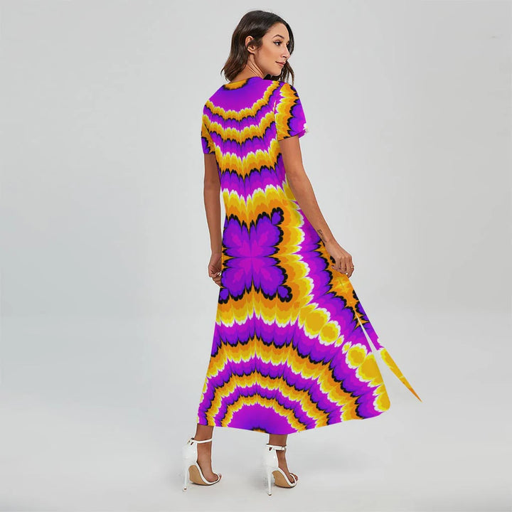 Yellow Explosion Moving Optical Illusion Short Sleeve Maxi Dress