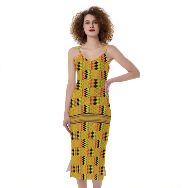 Yellow Kente Pattern Print Slim Fit Midi Cami Dress