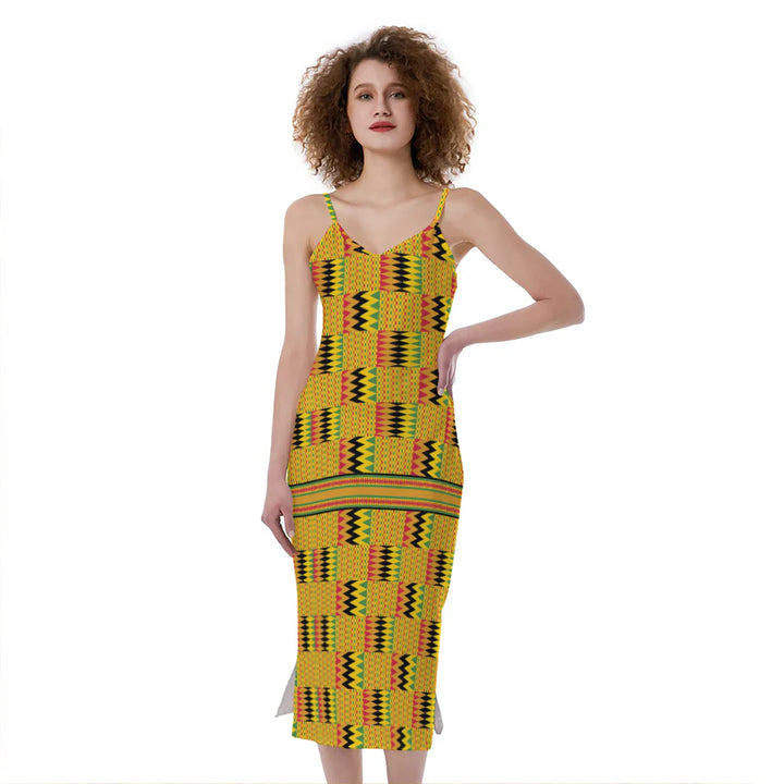 Yellow Kente Pattern Print Slim Fit Midi Cami Dress