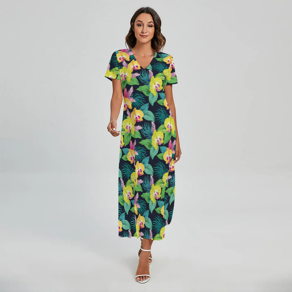 Yellow Orchid Pattern Print Short Sleeve Maxi Dress