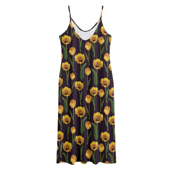 Yellow Tulip Flower Pattern Print Jersey Midi Cami Dress
