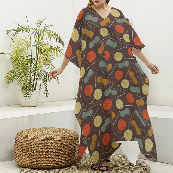 Yarn And Needle Pattern Print Silk V-Neck Kaftan Dress