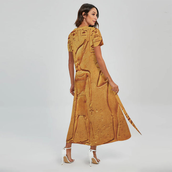 Ancient Egyptian Gods Print Short Sleeve Maxi Dress