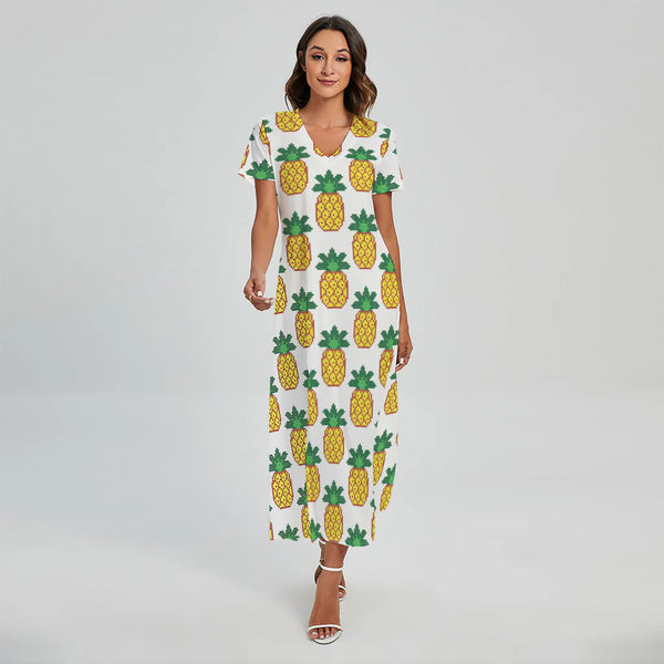 Pixel Pineapple Pattern Print Short Sleeve Maxi Dress