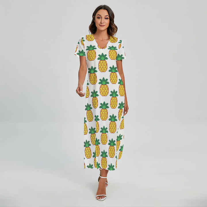 Pixel Pineapple Pattern Print Short Sleeve Maxi Dress