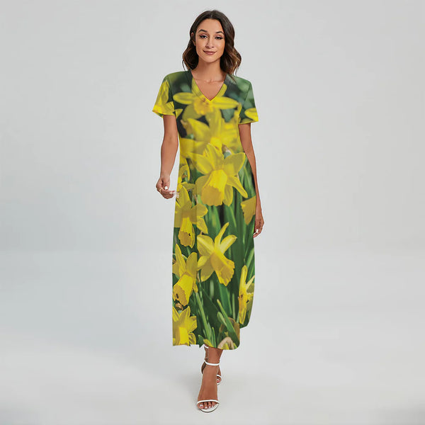 Yellow Daffodil Flower Print Short Sleeve Maxi Dress