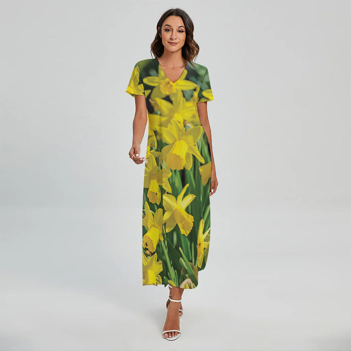 Yellow Daffodil Flower Print Short Sleeve Maxi Dress