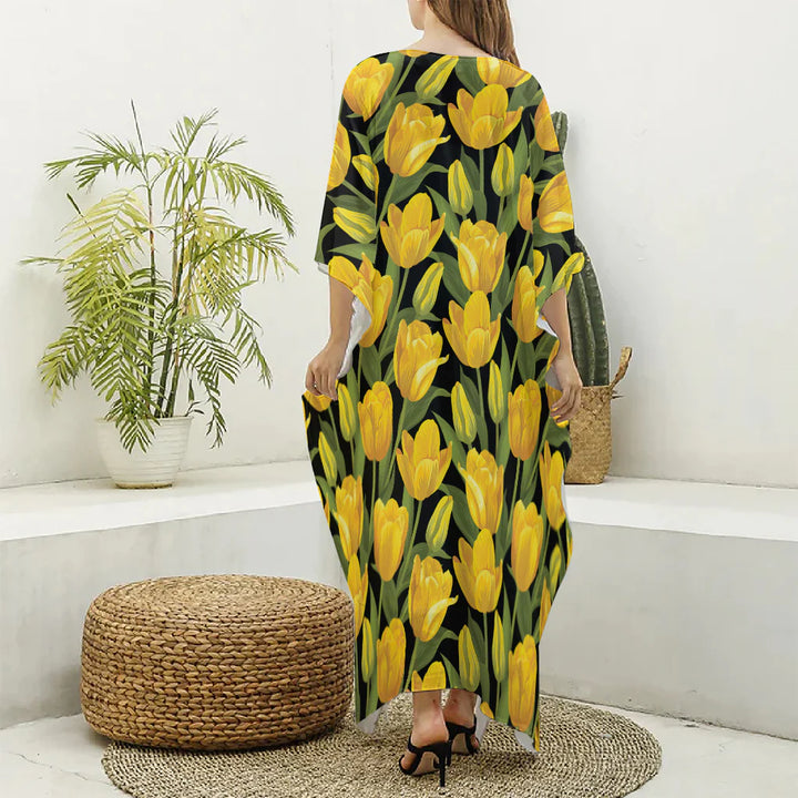 Yellow Tulip Pattern Print Silk V-Neck Kaftan Dress