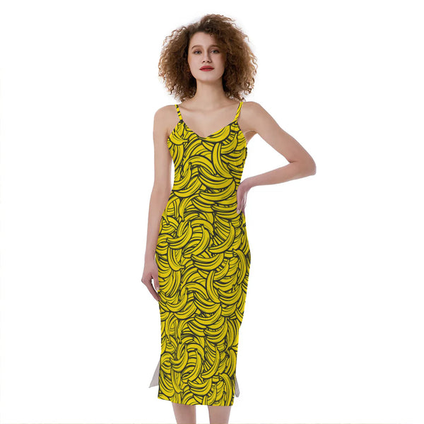 Yellow Banana Pattern Print Slim Fit Midi Cami Dress