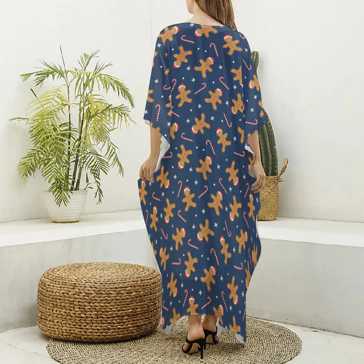 Xmas Gingerbread Man Pattern Print Silk V-Neck Kaftan Dress