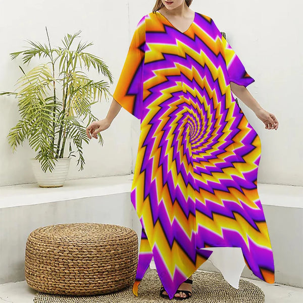 Yellow Twisted Moving Optical Illusion Silk V-Neck Kaftan Dress