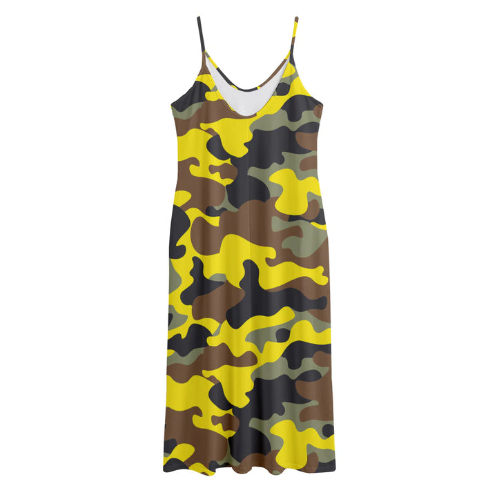 Yellow Brown And Black Camouflage Print Jersey Midi Cami Dress