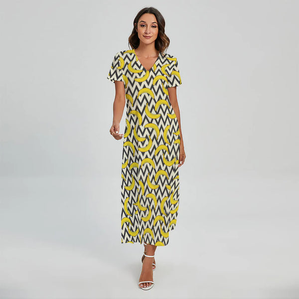 Zigzag Banana Pattern Print Short Sleeve Maxi Dress