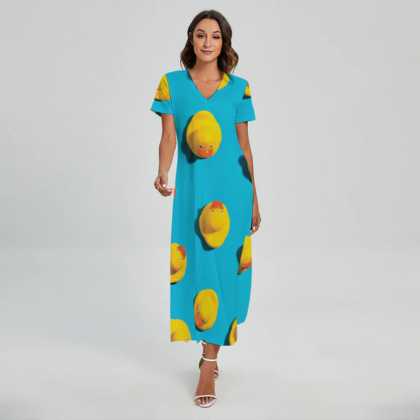 Yellow Rubber Ducks Print Short Sleeve Maxi Dress