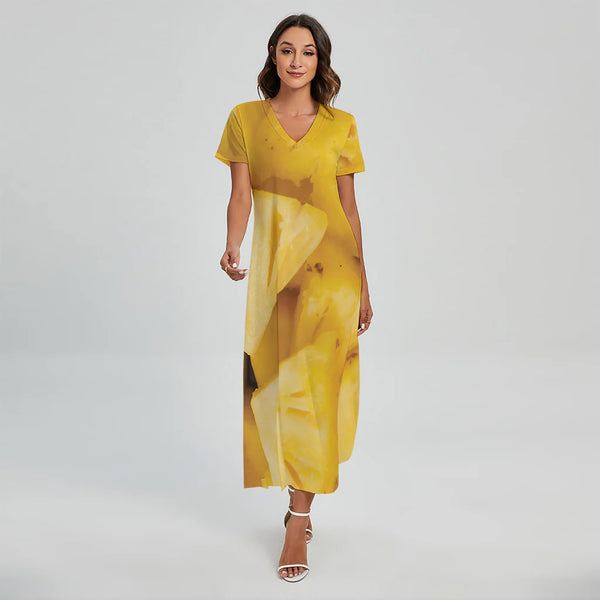 Yellow Pineapple Pieces Print Short Sleeve Maxi Dress
