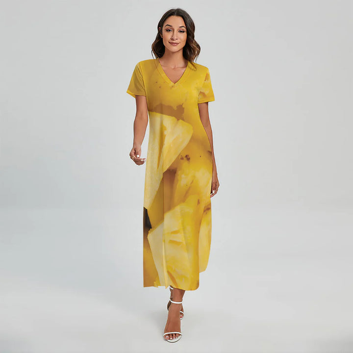 Yellow Pineapple Pieces Print Short Sleeve Maxi Dress