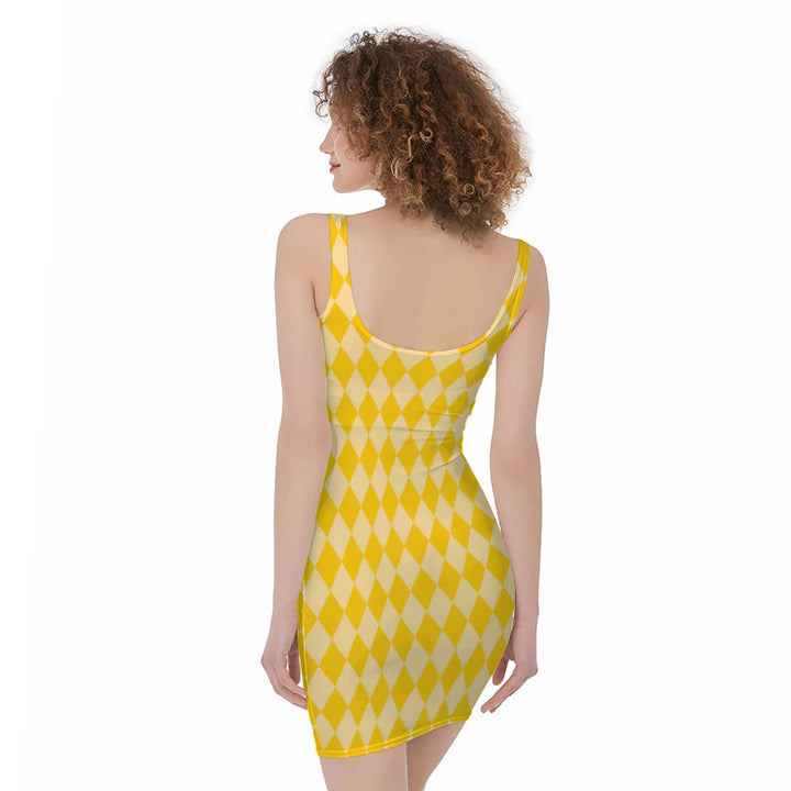 Yellow Harlequin Pattern Print Sleeveless Bodycon Dress