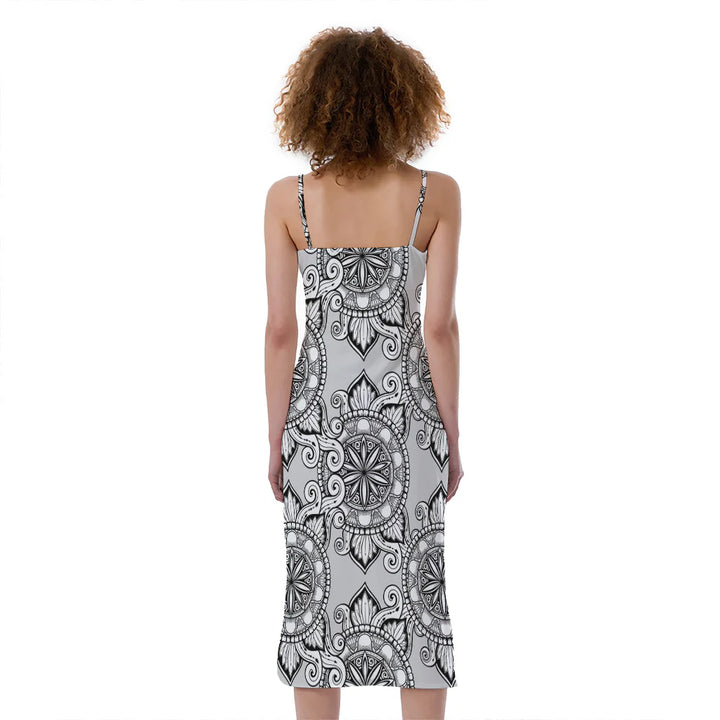 Zentangle Floral Pattern Print Slim Fit Midi Cami Dress