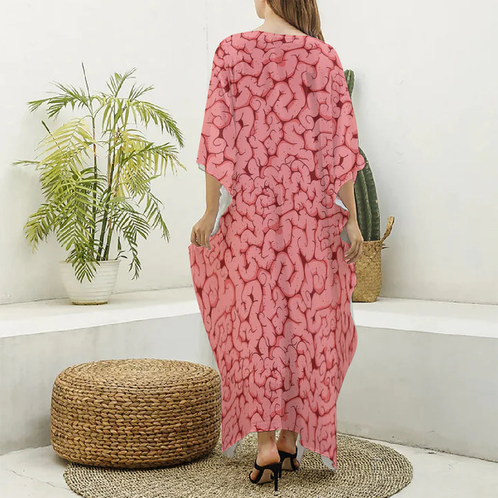 Zombie Brain Print Silk V-Neck Kaftan Dress